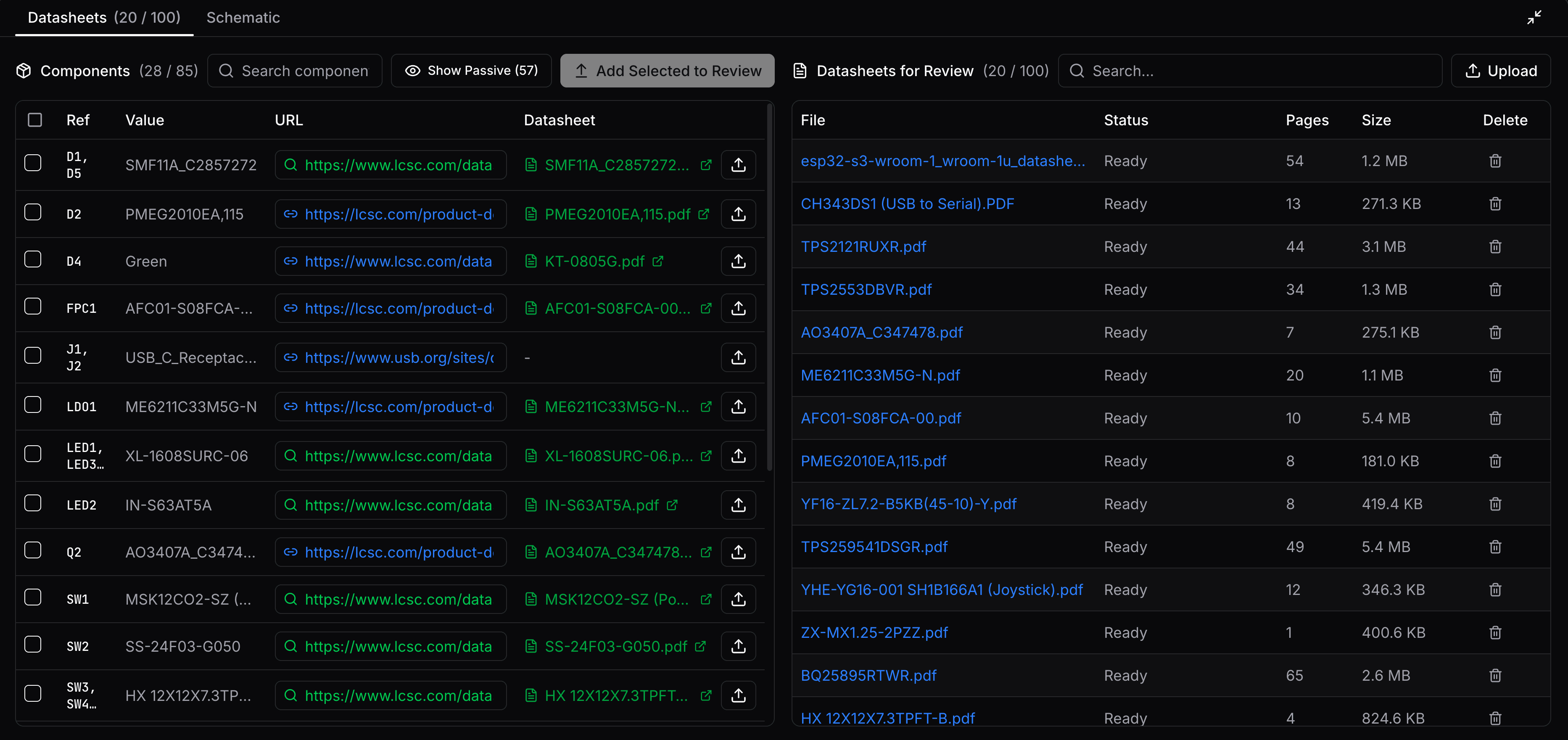 Datasheet retrieval tool interface for reviewing found datasheets before analysis
