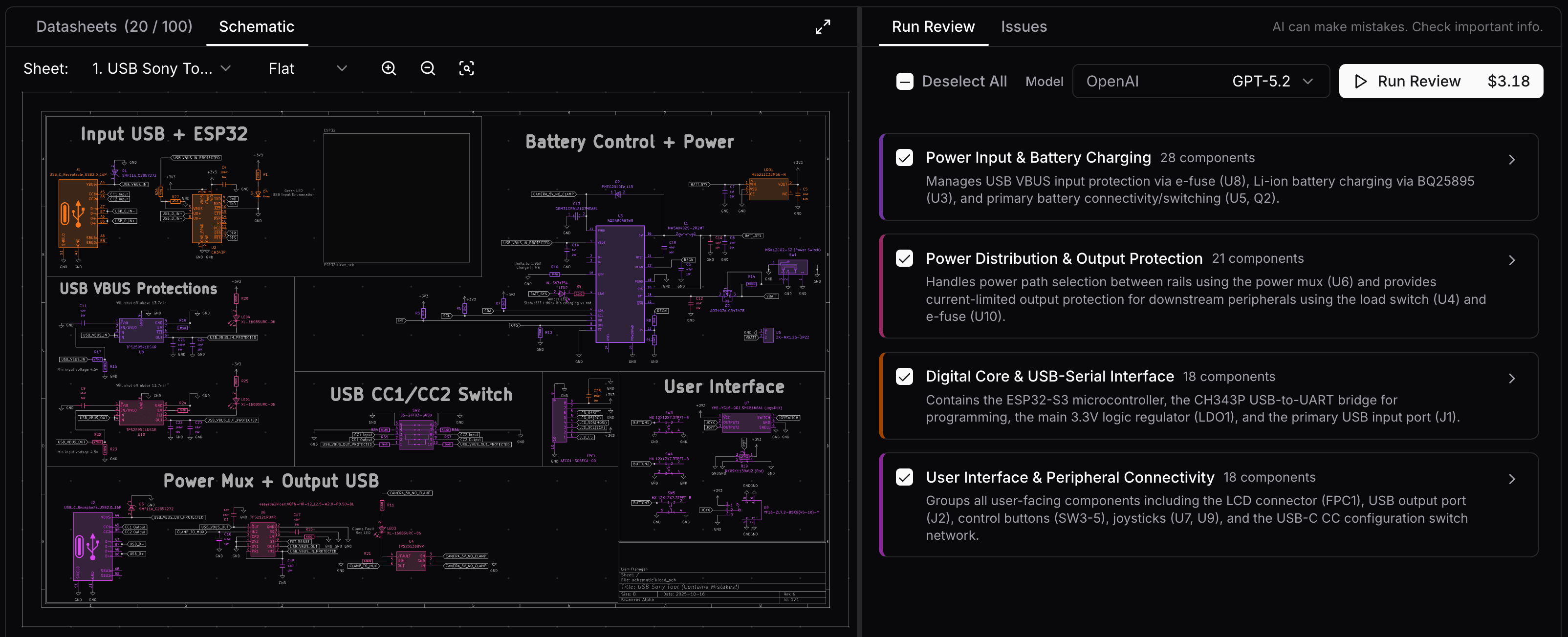 Subsystem configuration view showing split design sections, model selection, and exact per-review pricing before run
