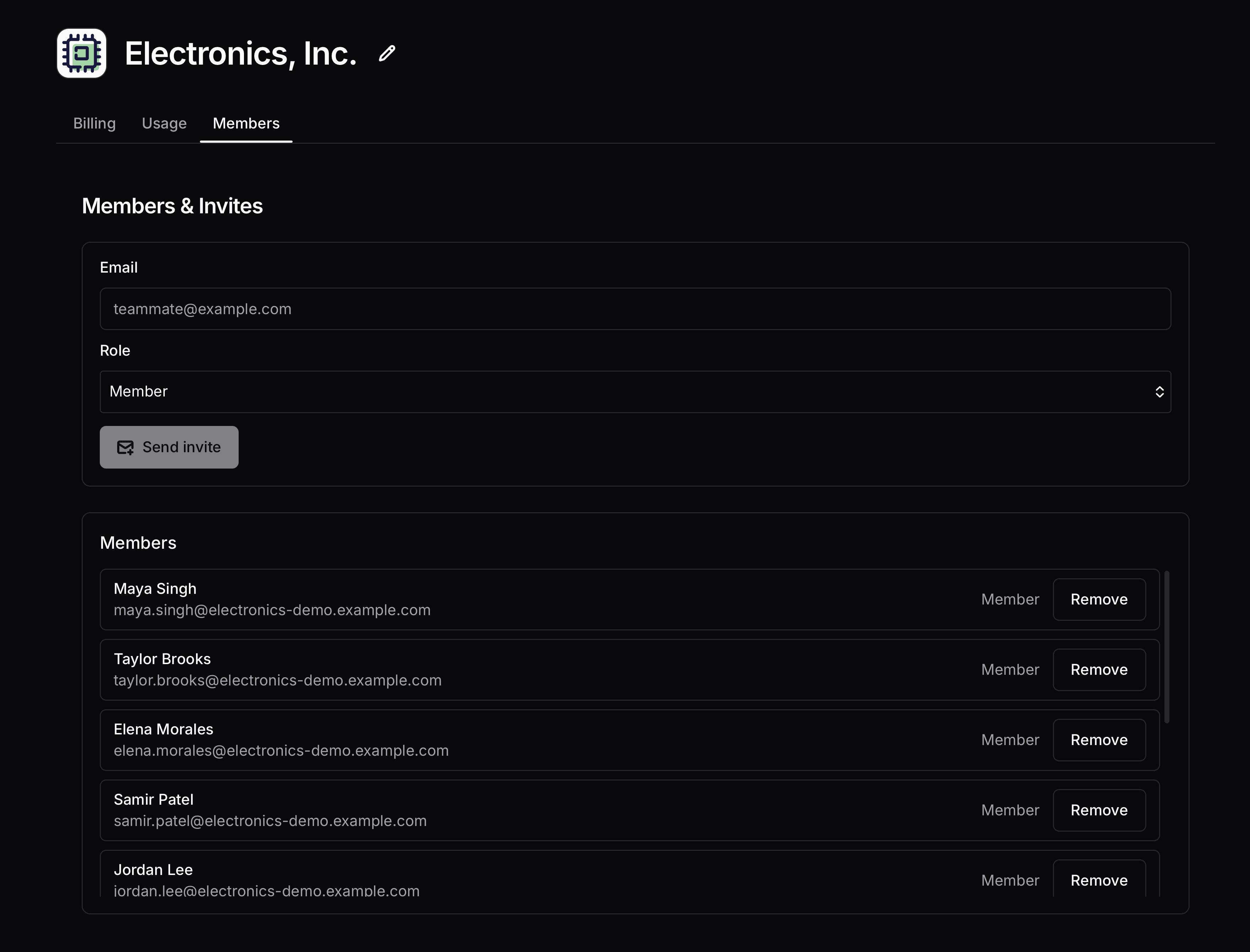 Traceformer enterprise members screen showing invite form, role selector, and member list.