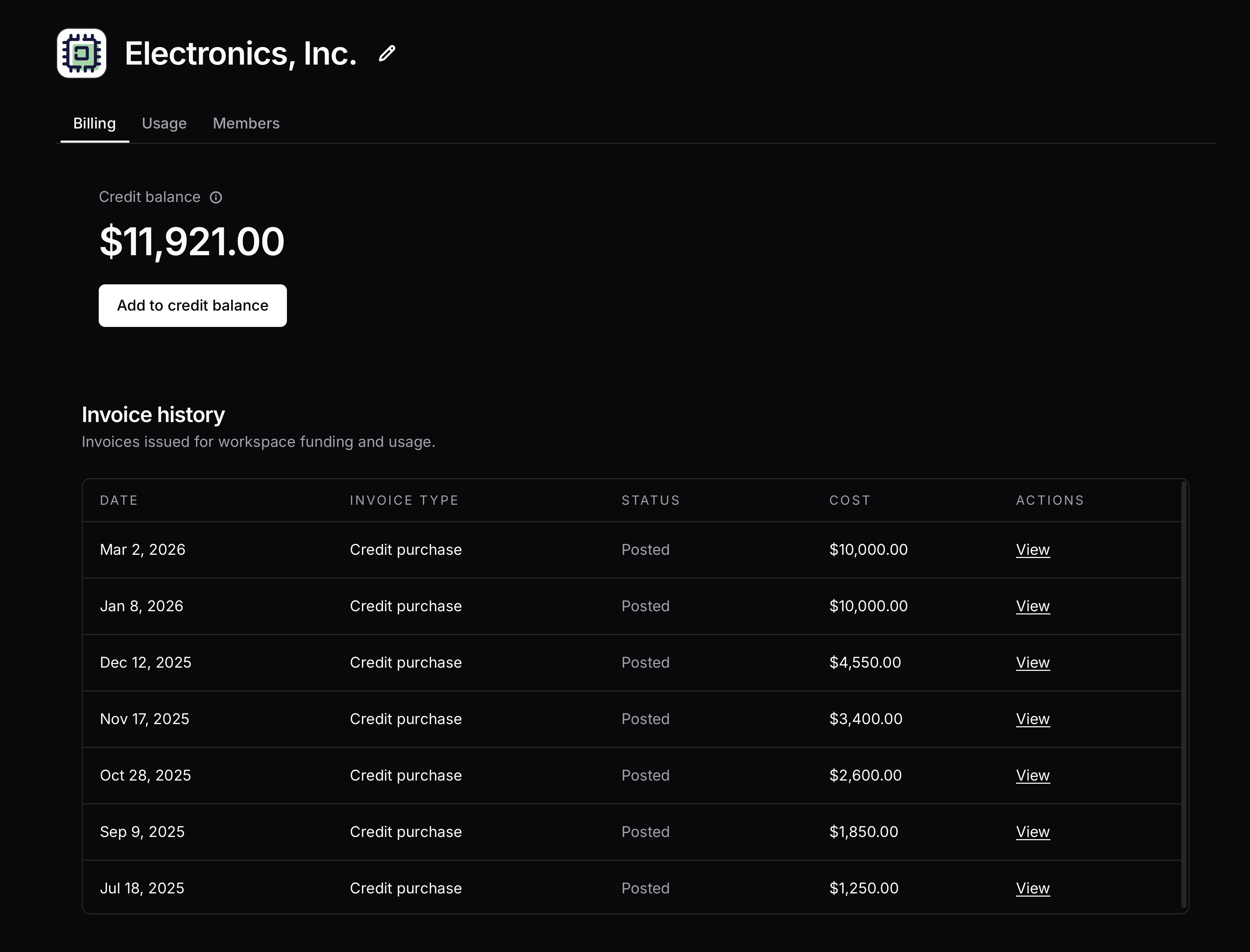 Traceformer enterprise billing screen showing available prepaid review allocation and invoice history.