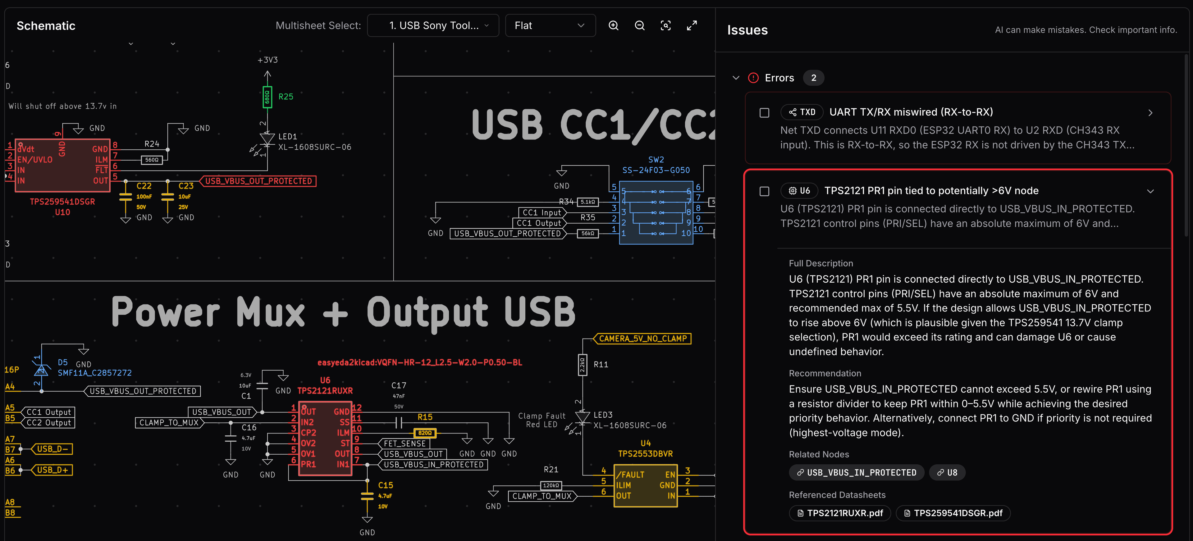 AI-powered schematic checker benefits - automated PCB design review and datasheet validation for KiCad and Altium
