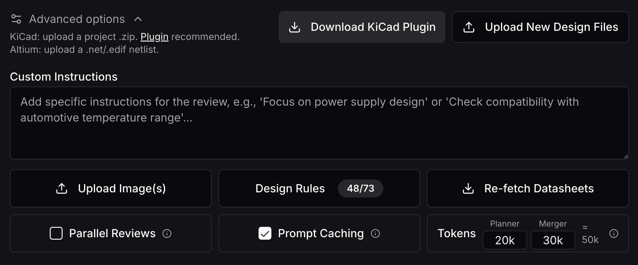 Configurable schematic review settings - customize AI models, token limits, and design rules for KiCad and Altium netlists